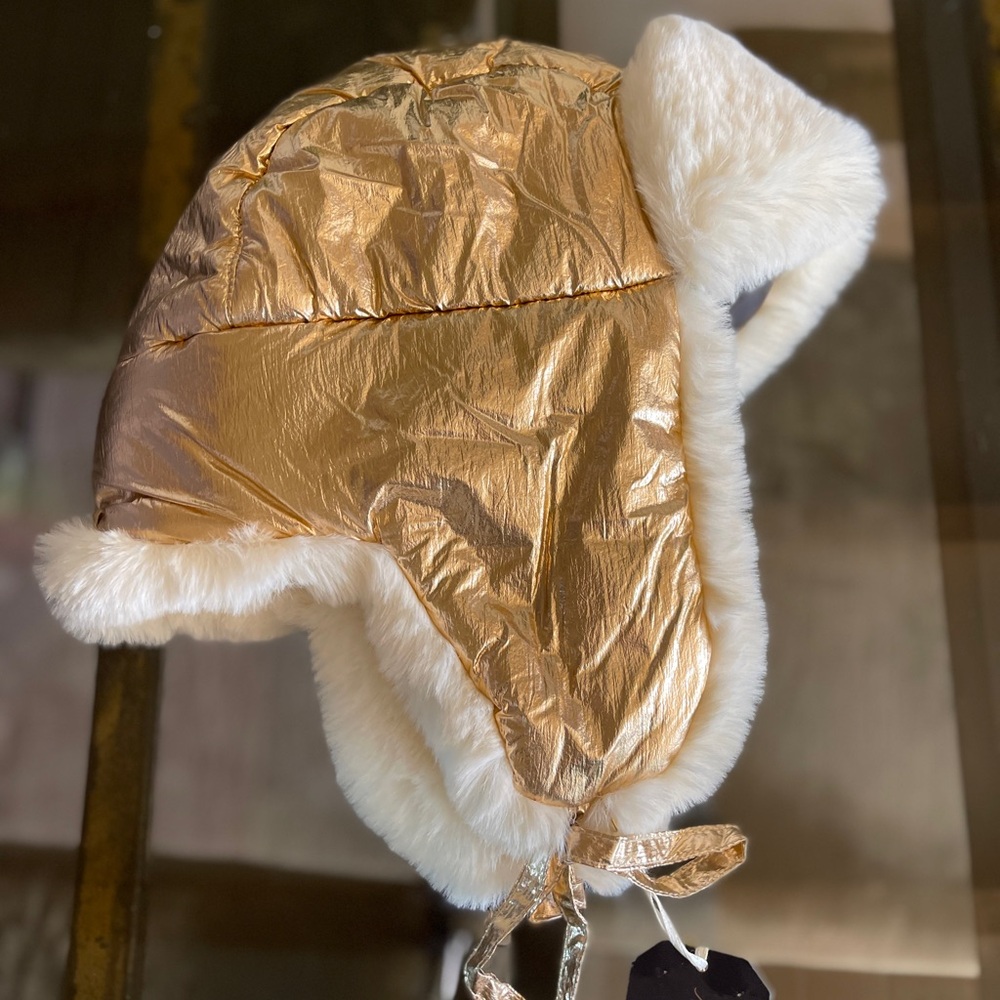 Gold and White Faux Fur Trapper Hat